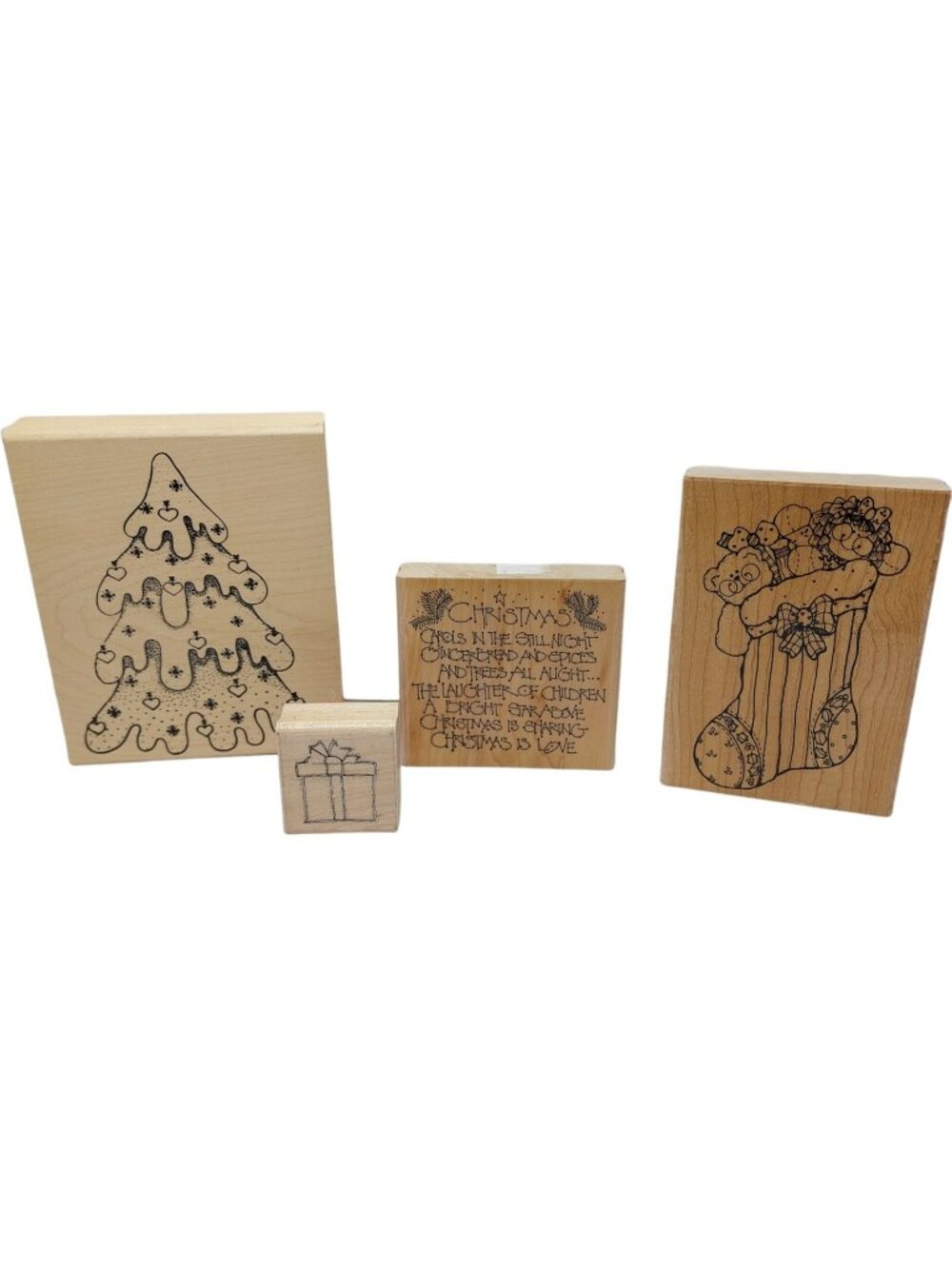 Christmas tree stocking present poem Rubber Stamps set of 4 stamps plus 16 mini